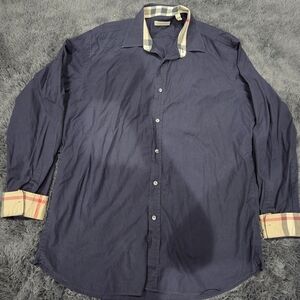 Burberry Brit Men's Navy Flip Cuff Long Sleeve Button Front Shirt XXL Nova Check